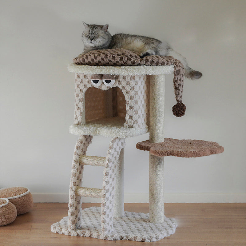 Contemporary Creative Square Particleboard Velvet Fabric Hemp Rope Cat Tree For Living Room Cuvalon