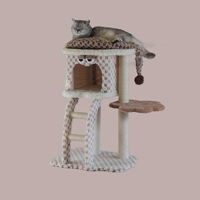 Contemporary Creative Square Particleboard Velvet Fabric Hemp Rope Cat Tree For Living Room Cuvalon