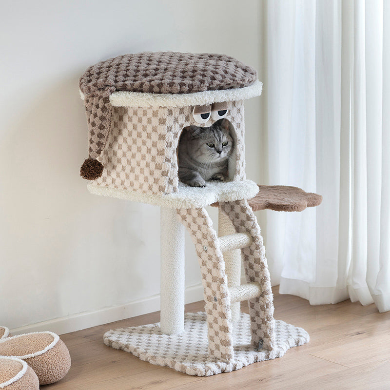 Contemporary Creative Square Particleboard Velvet Fabric Hemp Rope Cat Tree For Living Room Cuvalon