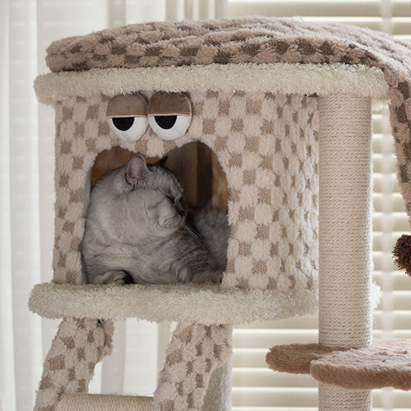 Contemporary Creative Square Particleboard Velvet Fabric Hemp Rope Cat Tree For Living Room Cuvalon