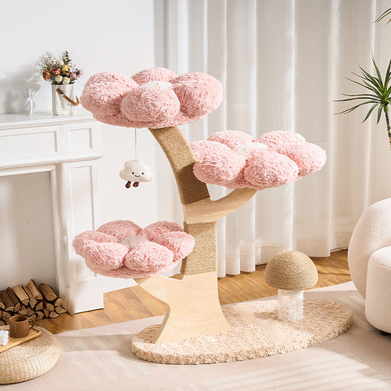 Contemporary Creative Round Multi-layer Solid Wood Panel Medium-Density Fiberboard Velvet Fabric Jute Cat Tree For Living Room Cuvalon