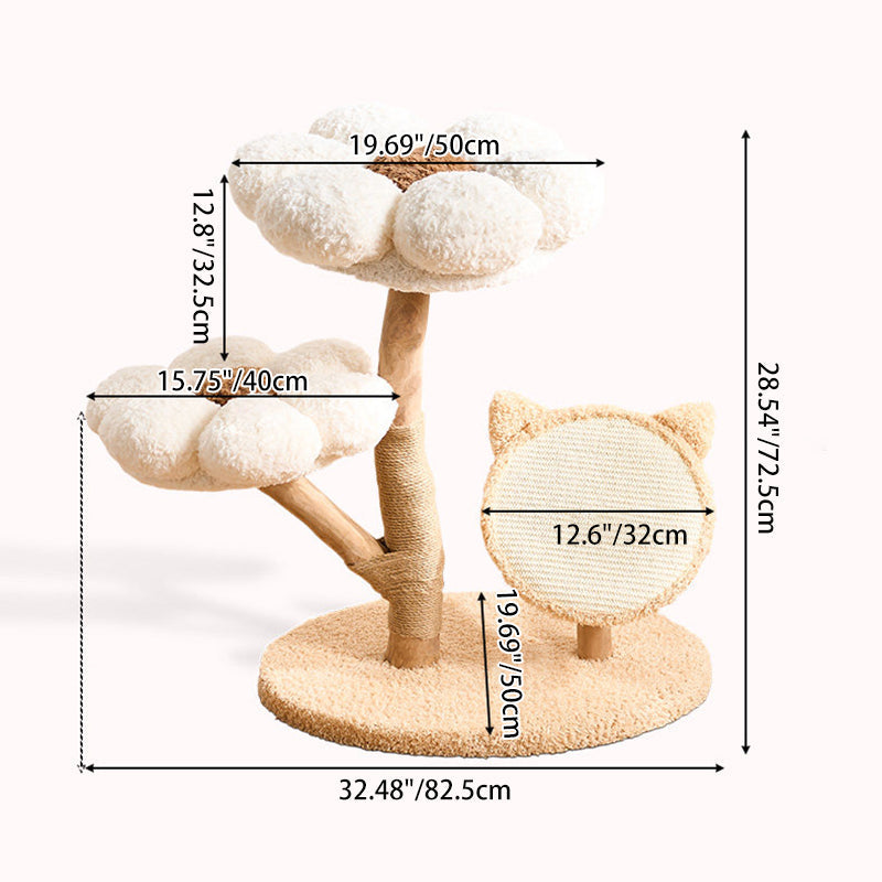 Contemporary Scandinavian Round Medium-Density Fiberboard Natural Fruitwood Velvet Fabric Sisal Jute Cat Tree 3-Tier For Living Room Cuvalon