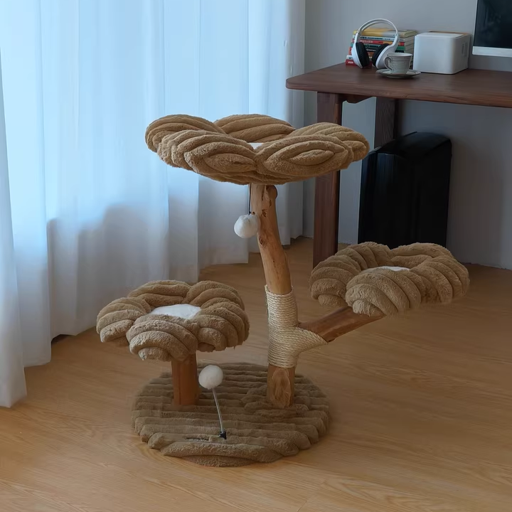 Contemporary Scandinavian Round Medium-Density Fiberboard Natural Fruitwood Velvet Fabric Sisal Jute Cat Tree 3-Tier For Living Room Cuvalon