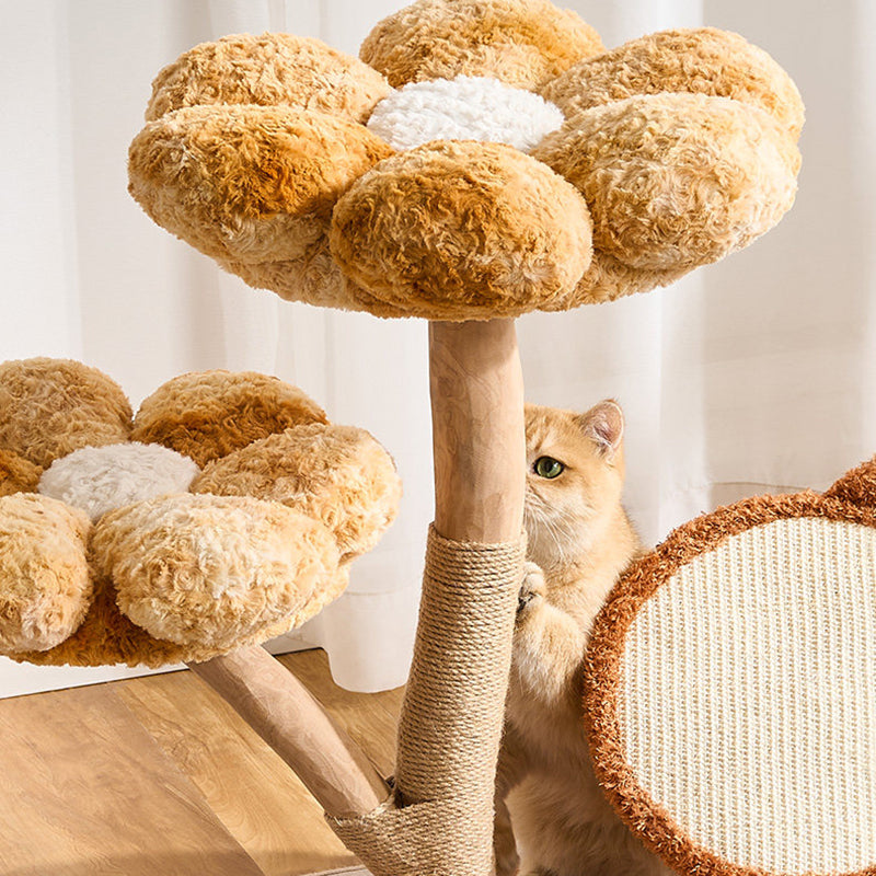 Contemporary Scandinavian Round Medium-Density Fiberboard Natural Fruitwood Velvet Fabric Sisal Jute Cat Tree 3-Tier For Living Room Cuvalon