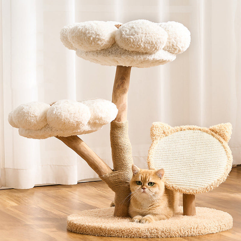 Contemporary Scandinavian Round Medium-Density Fiberboard Natural Fruitwood Velvet Fabric Sisal Jute Cat Tree 3-Tier For Living Room Cuvalon