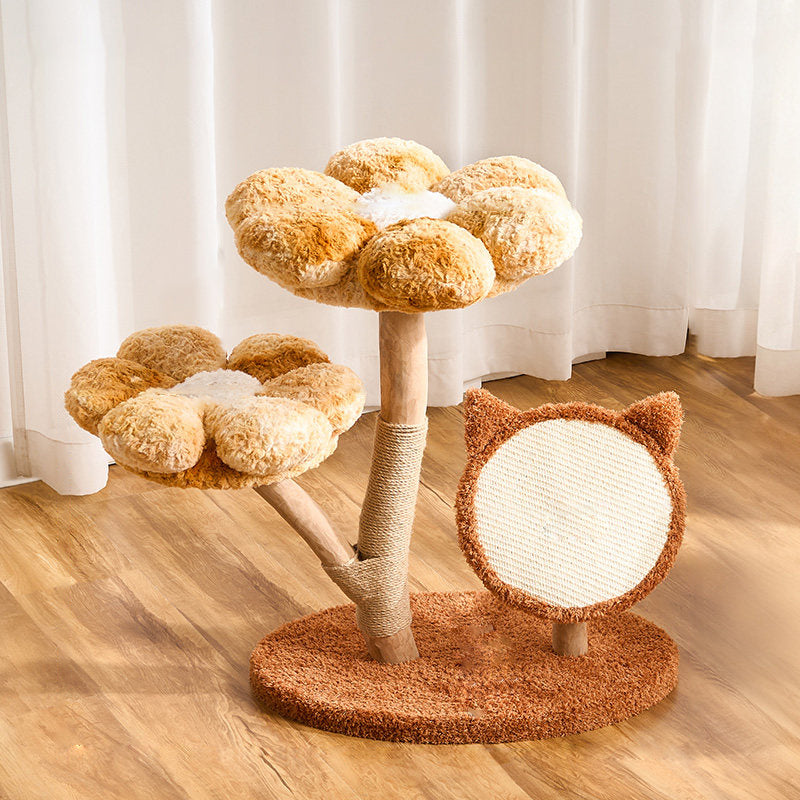 Contemporary Scandinavian Round Medium-Density Fiberboard Natural Fruitwood Velvet Fabric Sisal Jute Cat Tree 3-Tier For Living Room Cuvalon
