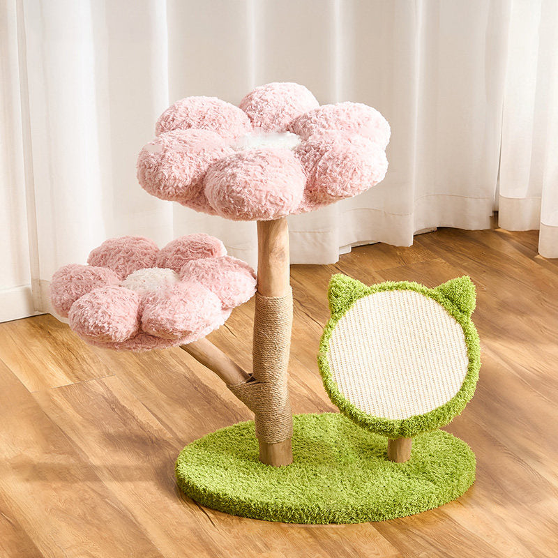 Contemporary Scandinavian Round Medium-Density Fiberboard Natural Fruitwood Velvet Fabric Sisal Jute Cat Tree 3-Tier For Living Room Cuvalon