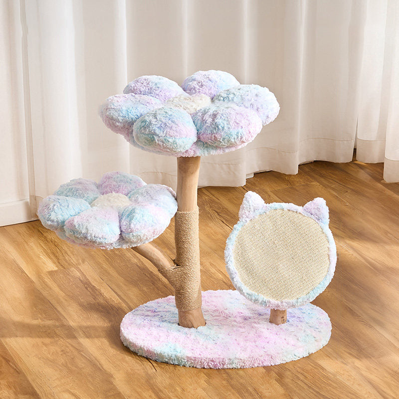 Contemporary Scandinavian Round Medium-Density Fiberboard Natural Fruitwood Velvet Fabric Sisal Jute Cat Tree 3-Tier For Living Room Cuvalon