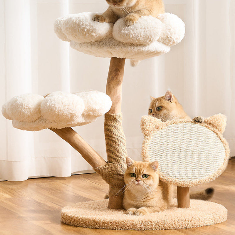 Contemporary Scandinavian Round Medium-Density Fiberboard Natural Fruitwood Velvet Fabric Sisal Jute Cat Tree 3-Tier For Living Room Cuvalon