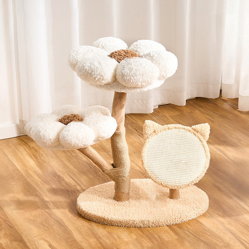 Contemporary Scandinavian Round Medium-Density Fiberboard Natural Fruitwood Velvet Fabric Sisal Jute Cat Tree 3-Tier For Living Room Cuvalon