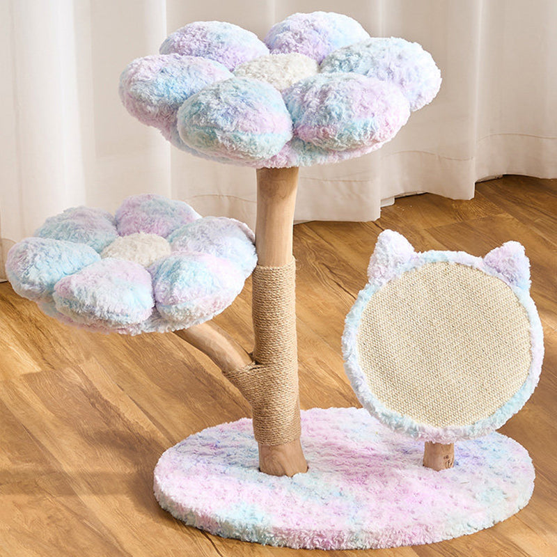 Contemporary Scandinavian Round Medium-Density Fiberboard Natural Fruitwood Velvet Fabric Sisal Jute Cat Tree 3-Tier For Living Room Cuvalon