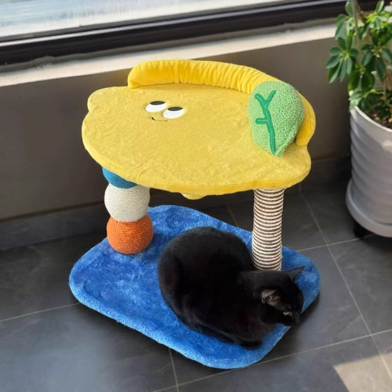 Contemporary Creative Round Particleboard Velvet Fabric Hemp Rope Paper Tube Fruit-Themed Cat Tree For Living Room Cuvalon