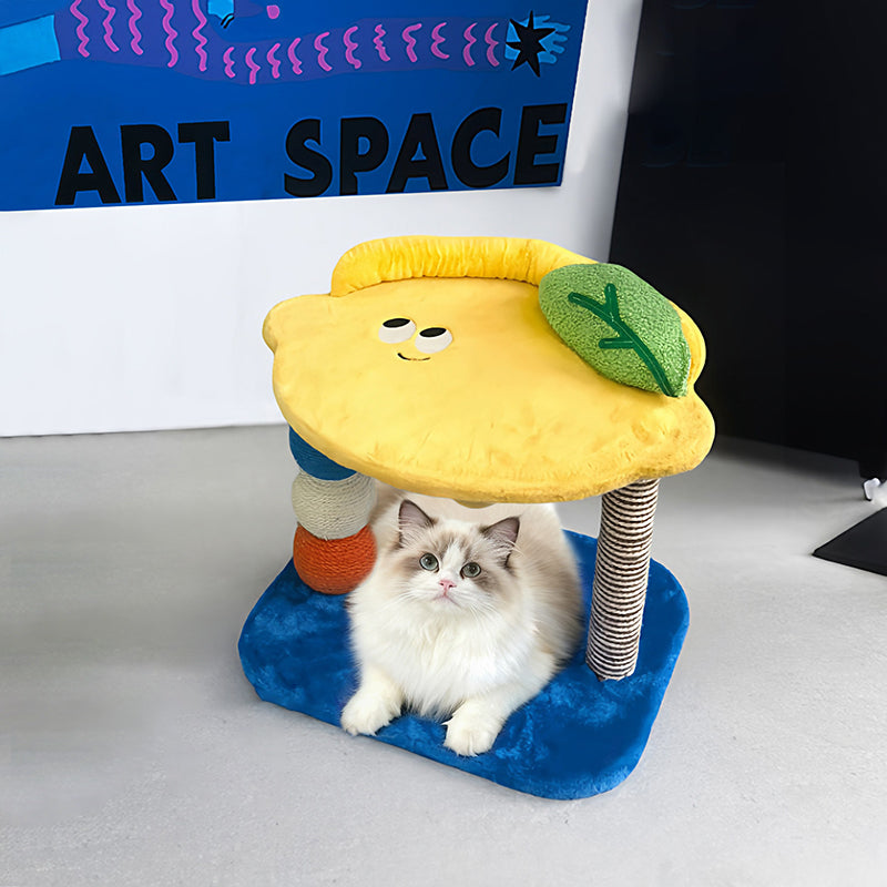 Contemporary Creative Round Particleboard Velvet Fabric Hemp Rope Paper Tube Fruit-Themed Cat Tree For Living Room Cuvalon