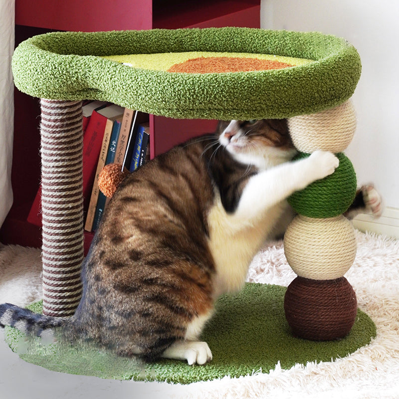 Contemporary Creative Round Particleboard Velvet Fabric Hemp Rope Paper Tube Fruit-Themed Cat Tree For Living Room Cuvalon