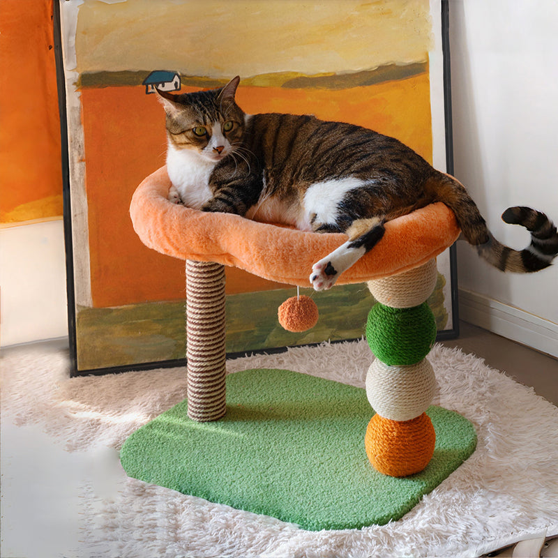 Contemporary Creative Round Particleboard Velvet Fabric Hemp Rope Paper Tube Fruit-Themed Cat Tree For Living Room Cuvalon