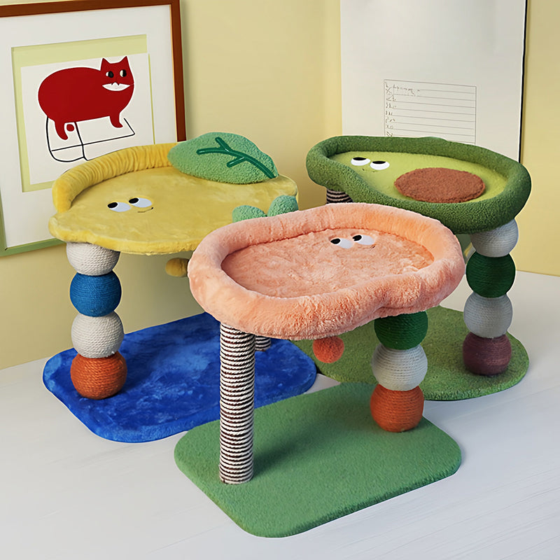Contemporary Creative Round Particleboard Velvet Fabric Hemp Rope Paper Tube Fruit-Themed Cat Tree For Living Room Cuvalon