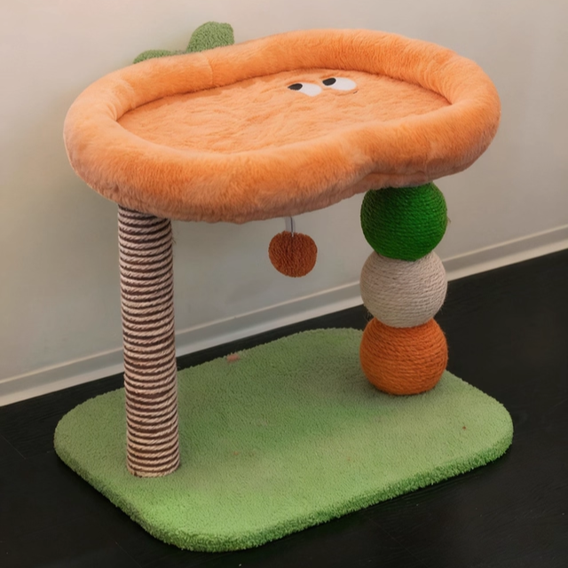Contemporary Creative Round Particleboard Velvet Fabric Hemp Rope Paper Tube Fruit-Themed Cat Tree For Living Room Cuvalon