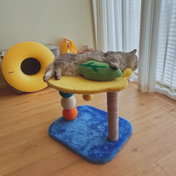 Contemporary Creative Round Particleboard Velvet Fabric Hemp Rope Paper Tube Fruit-Themed Cat Tree For Living Room Cuvalon