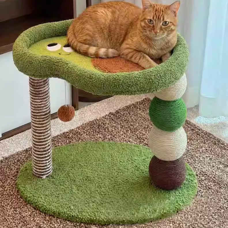 Contemporary Creative Round Particleboard Velvet Fabric Hemp Rope Paper Tube Fruit-Themed Cat Tree For Living Room Cuvalon
