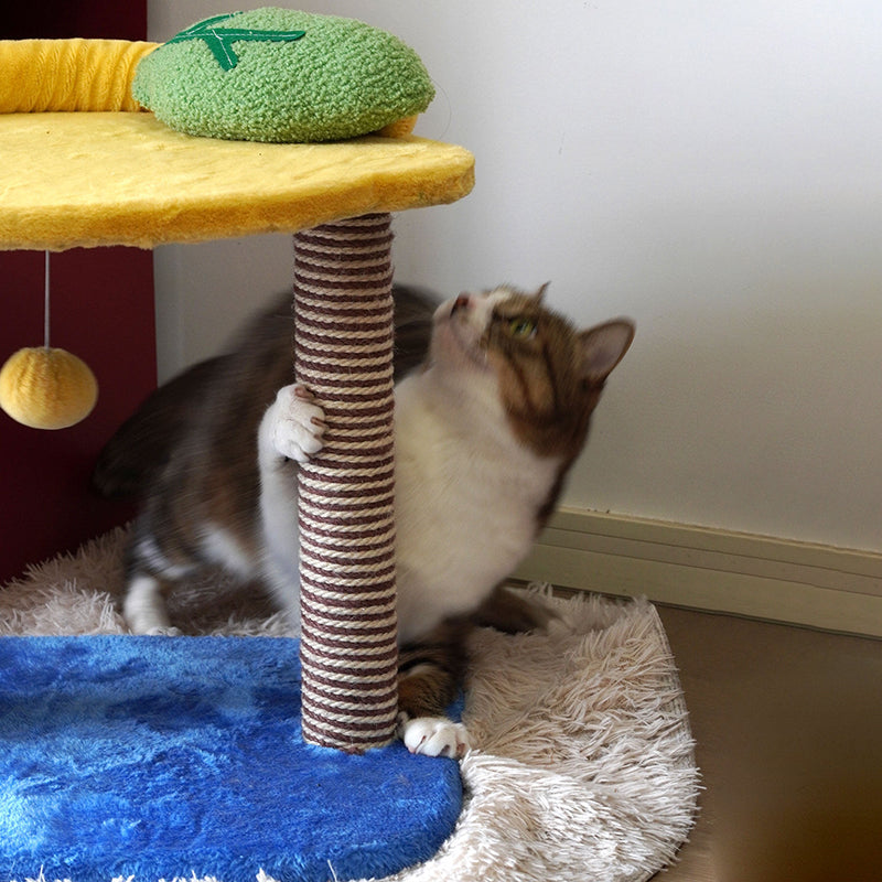 Contemporary Creative Round Particleboard Velvet Fabric Hemp Rope Paper Tube Fruit-Themed Cat Tree For Living Room Cuvalon