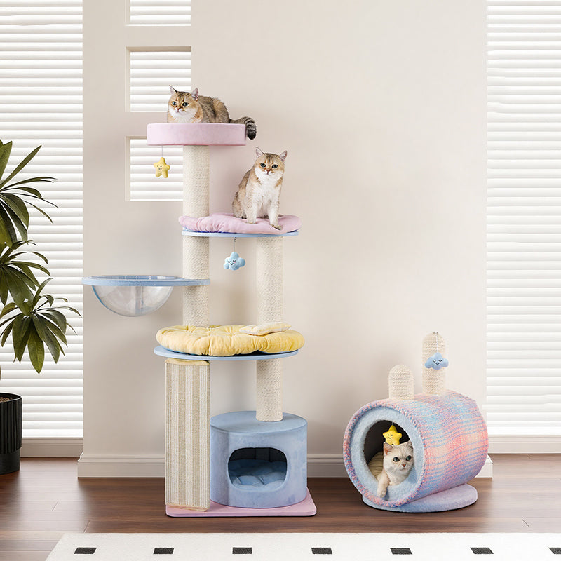 Contemporary Creative Round Particleboard Multi-layer Solid Wood Panel Velvet Fabric Paper Rope Sisal Cat Tree 5-Tier For Living Room Cuvalon