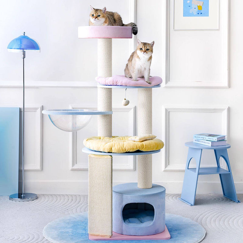 Contemporary Creative Round Particleboard Multi-layer Solid Wood Panel Velvet Fabric Paper Rope Sisal Cat Tree 5-Tier For Living Room Cuvalon