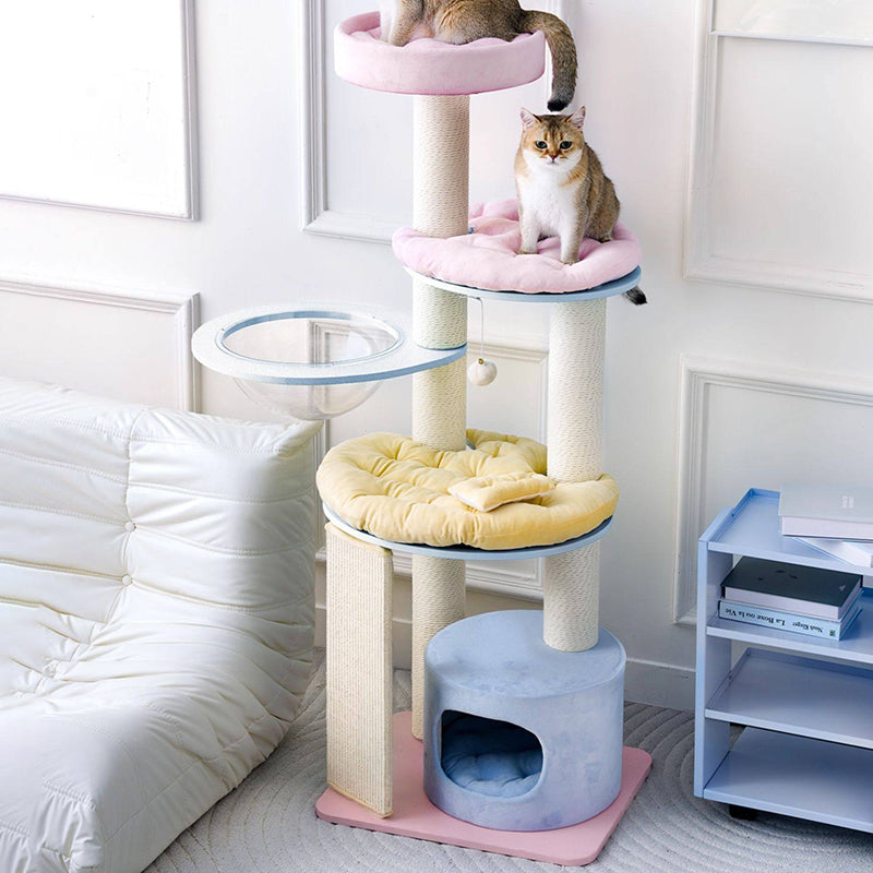 Contemporary Creative Round Particleboard Multi-layer Solid Wood Panel Velvet Fabric Paper Rope Sisal Cat Tree 5-Tier For Living Room Cuvalon