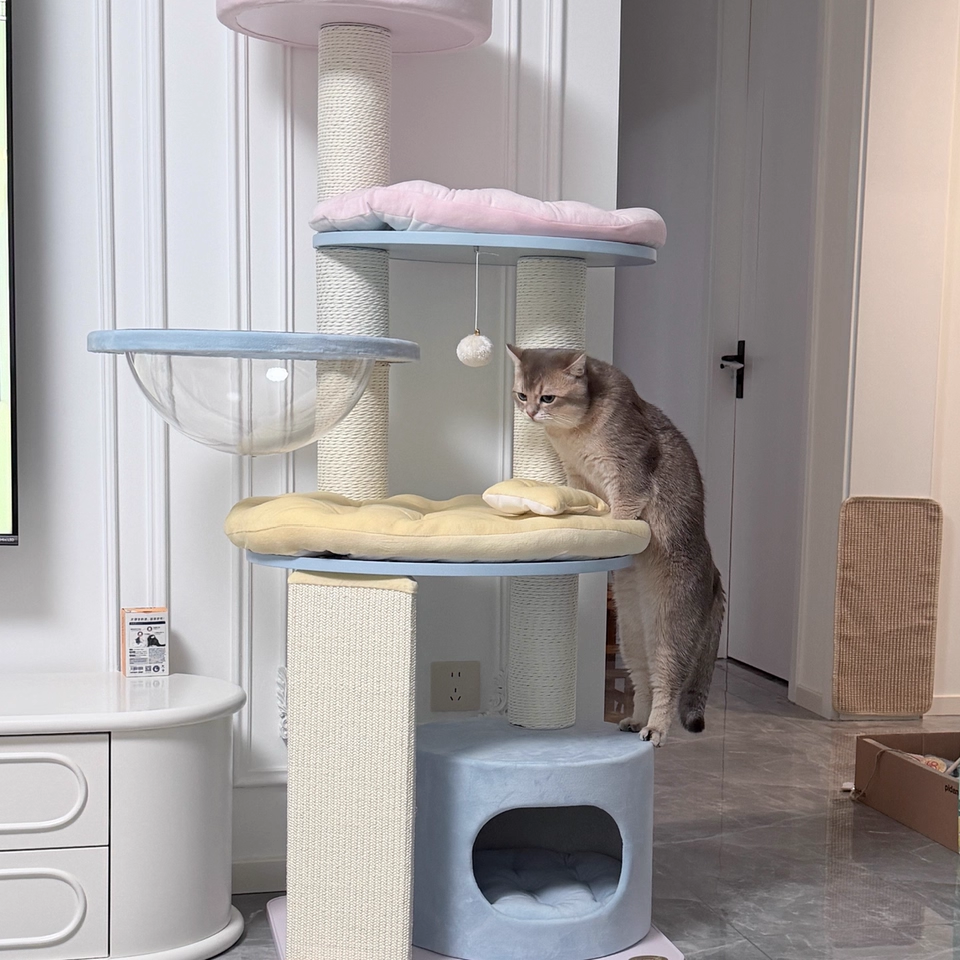 Contemporary Creative Round Particleboard Multi-layer Solid Wood Panel Velvet Fabric Paper Rope Sisal Cat Tree 5-Tier For Living Room Cuvalon