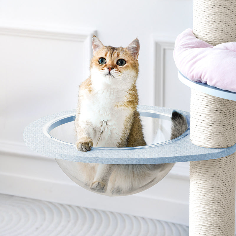 Contemporary Creative Round Particleboard Multi-layer Solid Wood Panel Velvet Fabric Paper Rope Sisal Cat Tree 5-Tier For Living Room Cuvalon