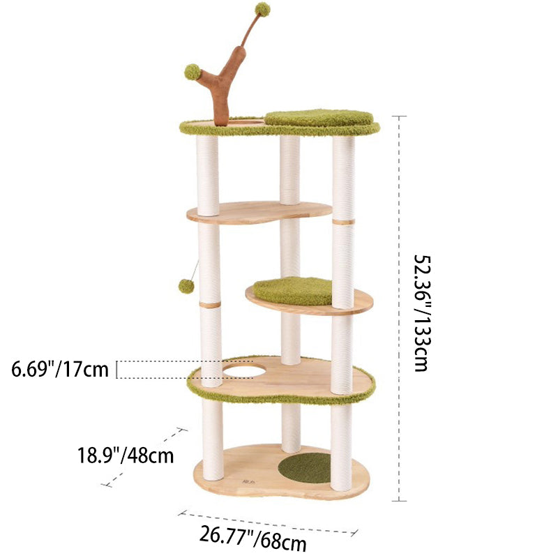 Contemporary Creative Oval Rubberwood Multi-Layer Panel Velvet Fabric Paper Rope Jute Felt Cat Tree 5-Tier For Living Room Cuvalon