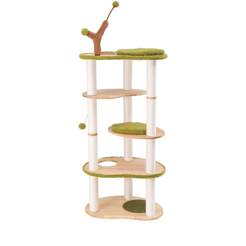 Contemporary Creative Oval Rubberwood Multi-Layer Panel Velvet Fabric Paper Rope Jute Felt Cat Tree 5-Tier For Living Room Cuvalon