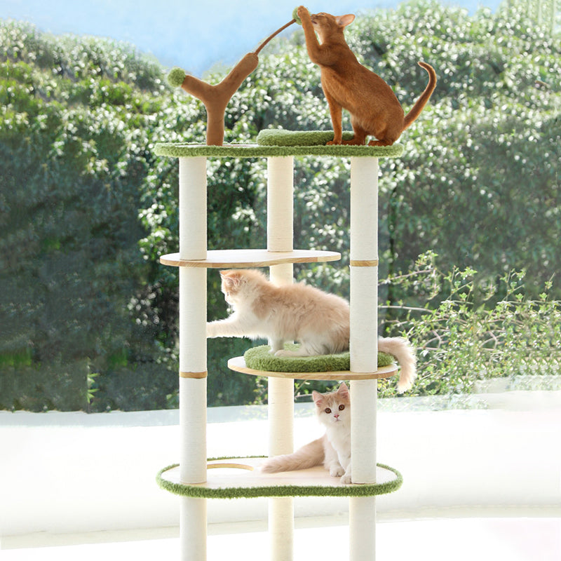 Contemporary Creative Oval Rubberwood Multi-Layer Panel Velvet Fabric Paper Rope Jute Felt Cat Tree 5-Tier For Living Room Cuvalon