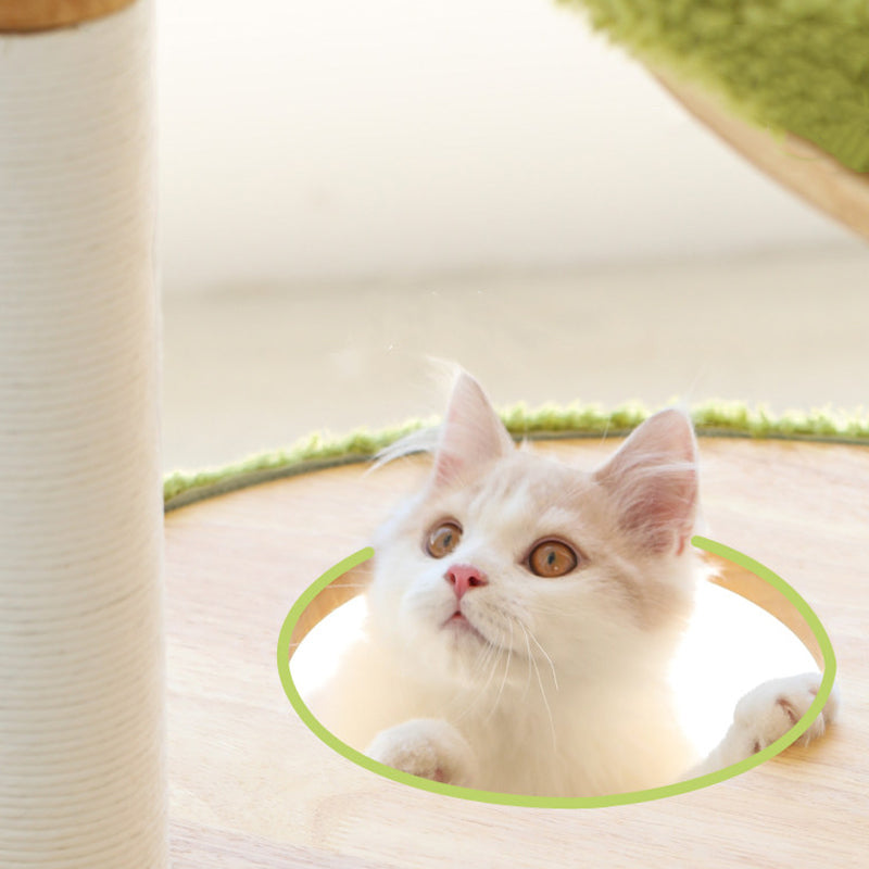 Contemporary Creative Oval Rubberwood Multi-Layer Panel Velvet Fabric Paper Rope Jute Felt Cat Tree 5-Tier For Living Room Cuvalon