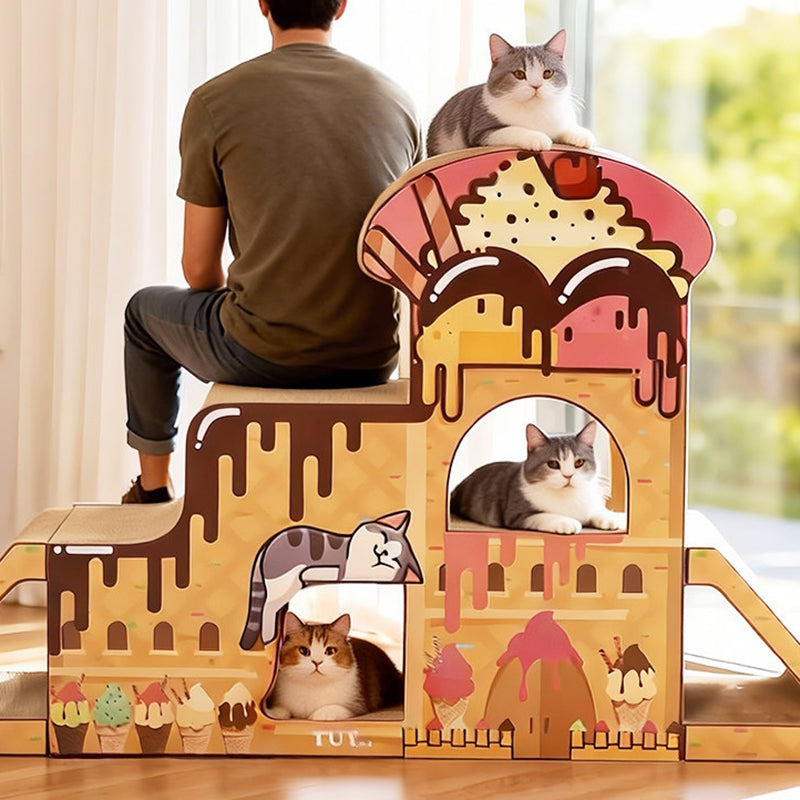 Contemporary Creative Rectangular BB-Grade Thickened Corrugated Cat Tree 3-Tier For Living Room Cuvalon