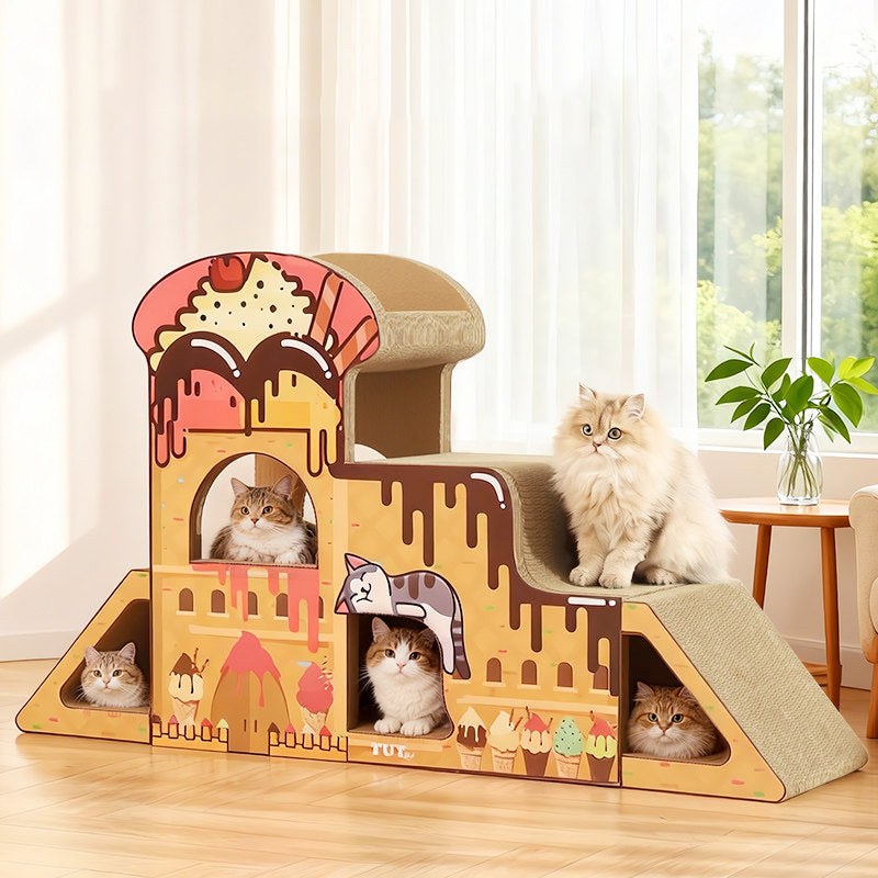Contemporary Creative Rectangular BB-Grade Thickened Corrugated Cat Tree 3-Tier For Living Room Cuvalon