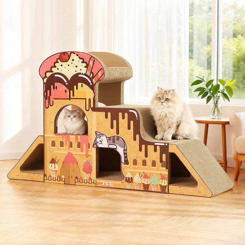 Contemporary Creative Rectangular BB-Grade Thickened Corrugated Cat Tree 3-Tier For Living Room Cuvalon