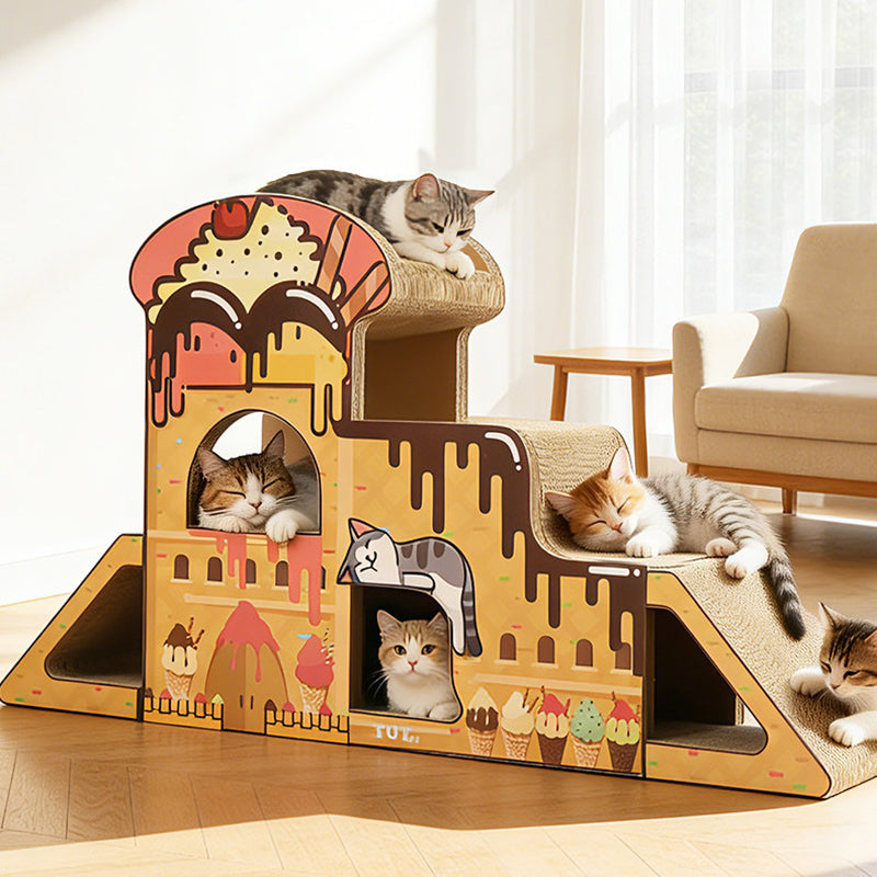 Contemporary Creative Rectangular BB-Grade Thickened Corrugated Cat Tree 3-Tier For Living Room Cuvalon