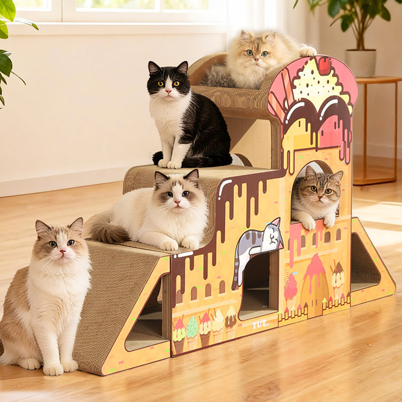 Contemporary Creative Rectangular BB-Grade Thickened Corrugated Cat Tree 3-Tier For Living Room Cuvalon