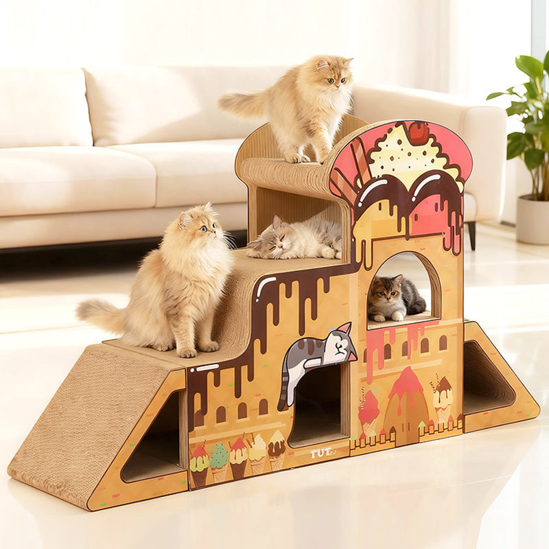 Contemporary Creative Rectangular BB-Grade Thickened Corrugated Cat Tree 3-Tier For Living Room Cuvalon