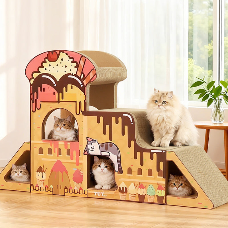 Contemporary Creative Rectangular BB-Grade Thickened Corrugated Cat Tree 3-Tier For Living Room Cuvalon