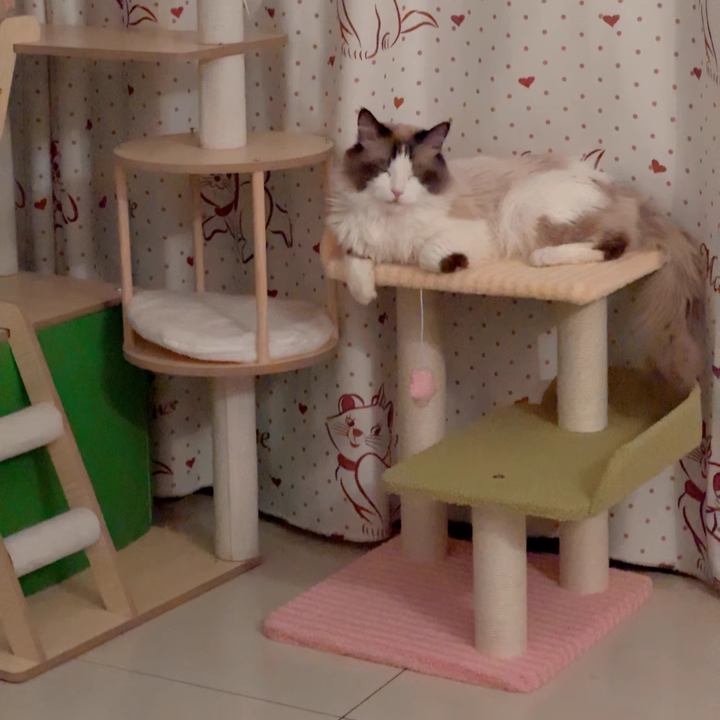 Contemporary Creative Square Medium-Density Fiberboard Polyester Fiber Hemp Rope Cat Tree 3-Tier For Living Room Cuvalon