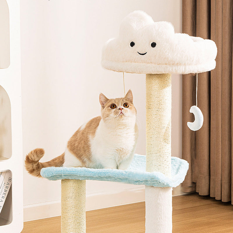 Contemporary Creative Round Particleboard Velvet Fabric Sisal Cloud Cat Tree 2/3-Tier For Living Room Cuvalon