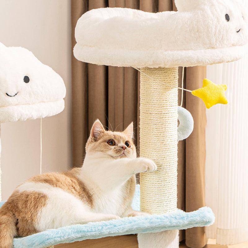 Contemporary Creative Round Particleboard Velvet Fabric Sisal Cloud Cat Tree 2/3-Tier For Living Room Cuvalon