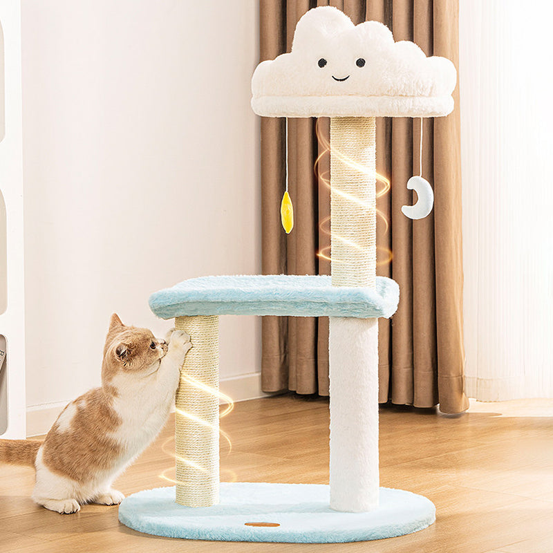 Contemporary Creative Round Particleboard Velvet Fabric Sisal Cloud Cat Tree 2/3-Tier For Living Room Cuvalon