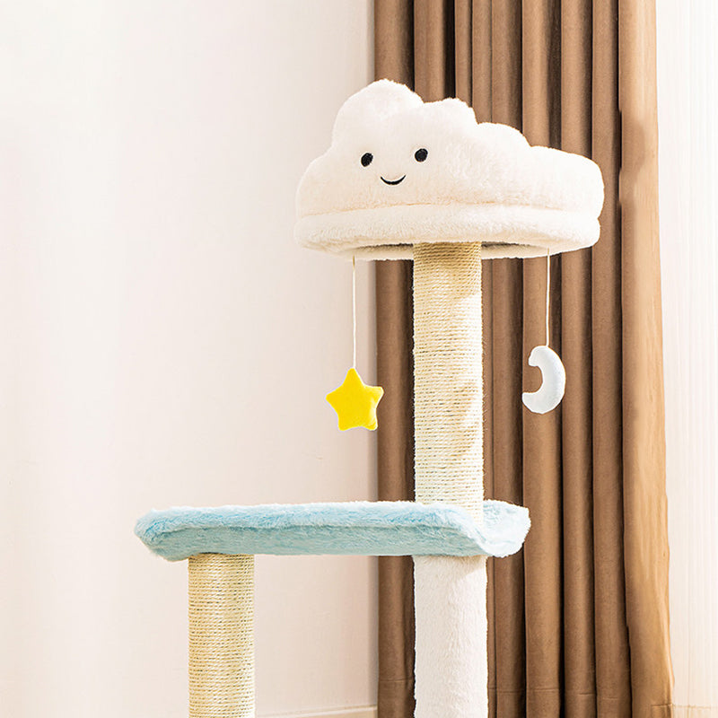 Contemporary Creative Round Particleboard Velvet Fabric Sisal Cloud Cat Tree 2/3-Tier For Living Room Cuvalon