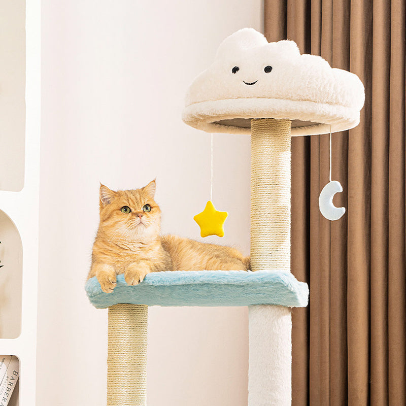 Contemporary Creative Round Particleboard Velvet Fabric Sisal Cloud Cat Tree 2/3-Tier For Living Room Cuvalon