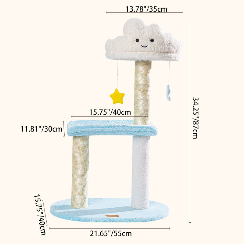Contemporary Creative Round Particleboard Velvet Fabric Sisal Cloud Cat Tree 2/3-Tier For Living Room Cuvalon