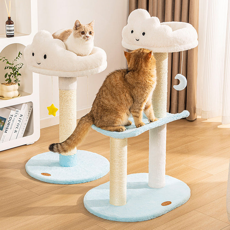 Contemporary Creative Round Particleboard Velvet Fabric Sisal Cloud Cat Tree 2/3-Tier For Living Room Cuvalon