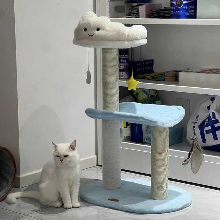 Contemporary Creative Round Particleboard Velvet Fabric Sisal Cloud Cat Tree 2/3-Tier For Living Room Cuvalon