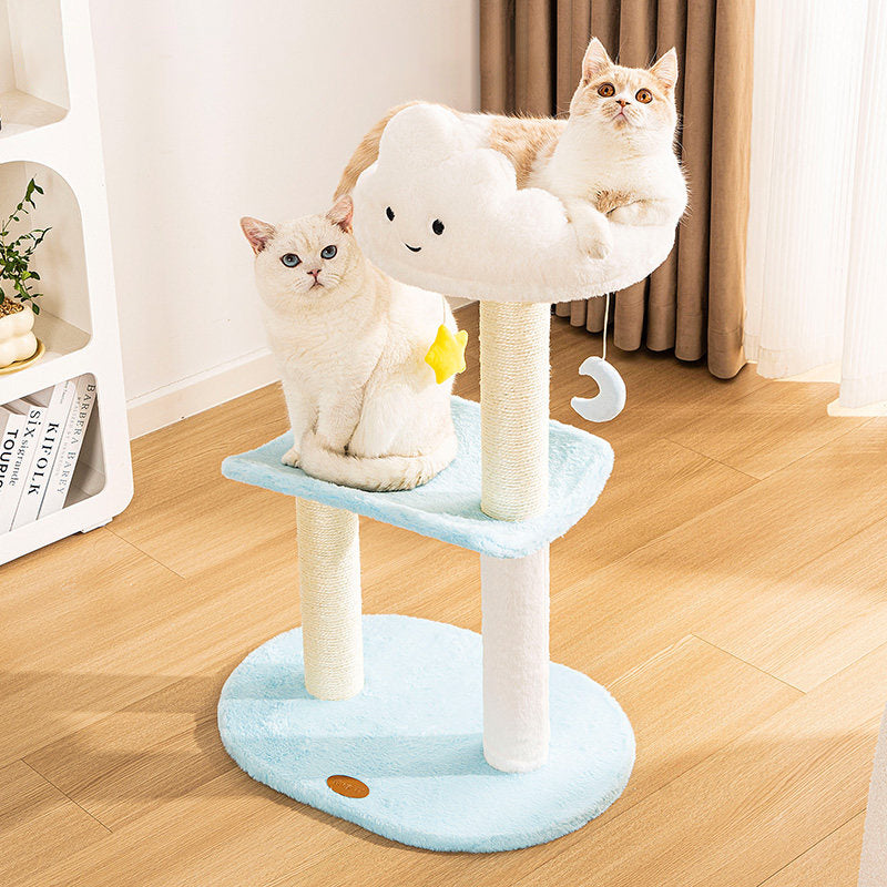 Contemporary Creative Round Particleboard Velvet Fabric Sisal Cloud Cat Tree 2/3-Tier For Living Room Cuvalon